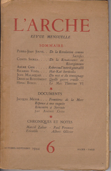 L'Arche, revue mensuelle: 1.re année, n.o 6, volume 2, octobre - novembre 1944.